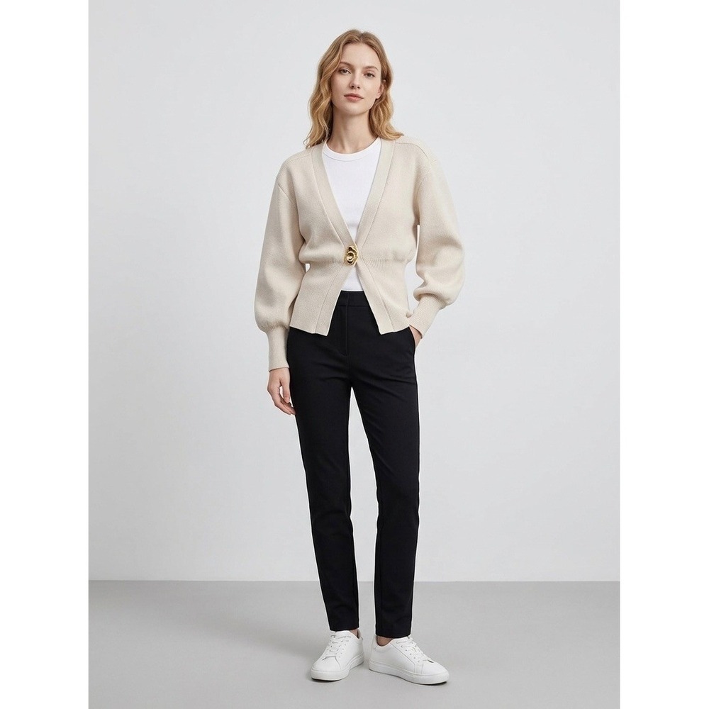 Urban Revivo Cream Ribbed Cinched Waist Gold Button Cardigan Sweater US 2 Small